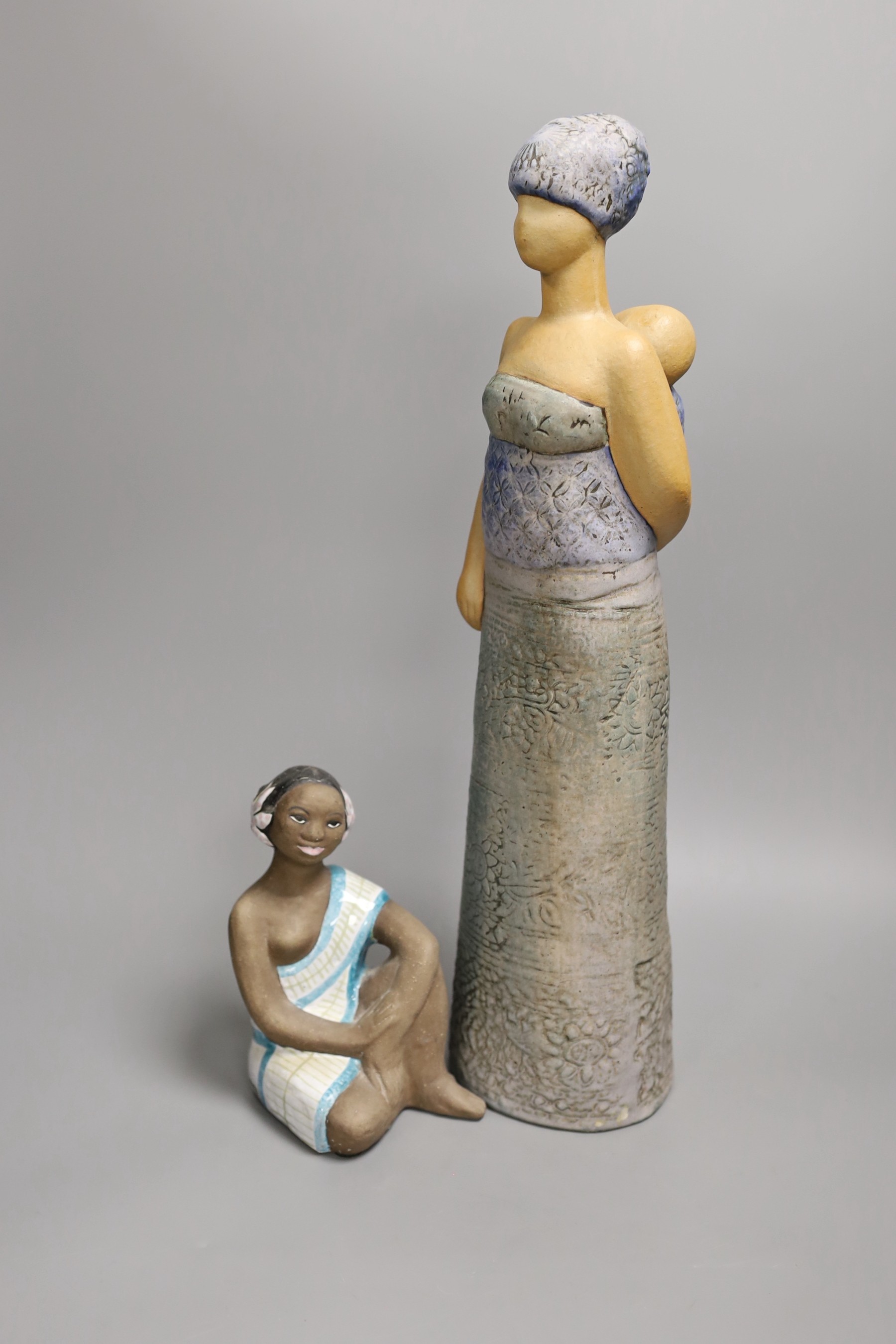 Lisa Larsson for Gustavsberg. A mother and baby group and a similar seated figure. Tallest 47cm
